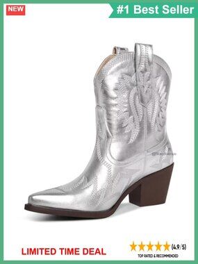 Metallic PU Leather Ankle Cowboy Boots Pointed Toe Chunky Heel Wide Calf